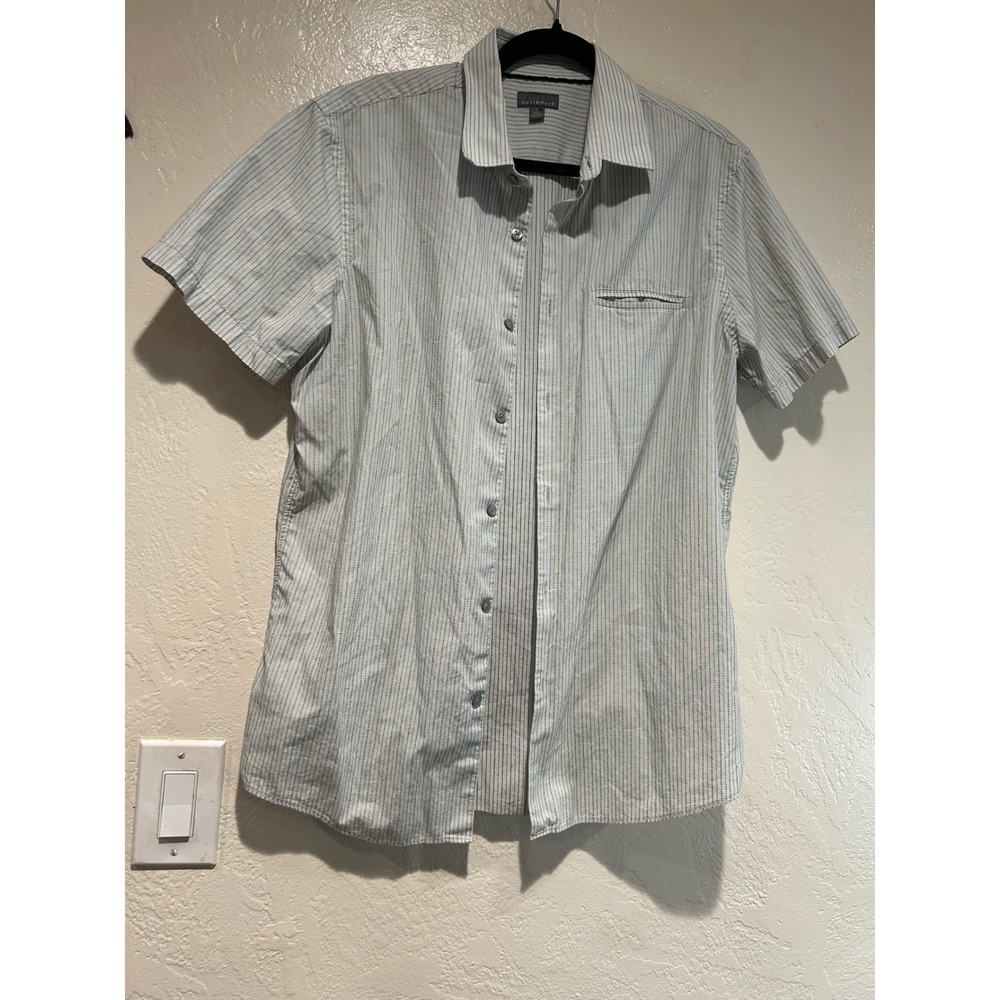 Calibrate Mens Short Sleeve Button Down Shirt Large White Blue Tan Micro Stripe